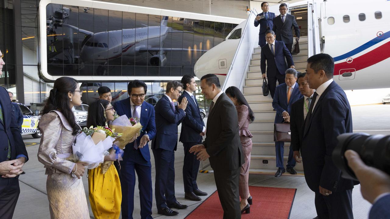 Cambodia's Prime Minister was greeted by officials after arriving in Melbourne. Picture: Andrew Taylor/ASEAN.