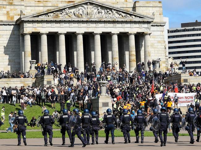 Protesters swarm the Shrine of Remembrance on Wednesday. Picture: Ian Currie