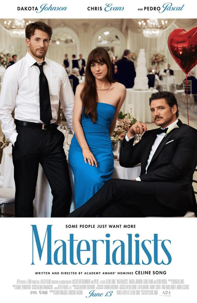 May we all be this lucky ... Dakota Johnson between Chris Evans and Pedro Pascal in a movie poster for The Materialists.