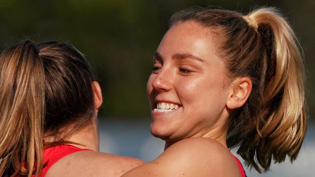 Melbourne winger Eliza McNamara has returned to footy little over a year since a serious spinal fracture threatened her future in the game. Picture: Melbourne FC
