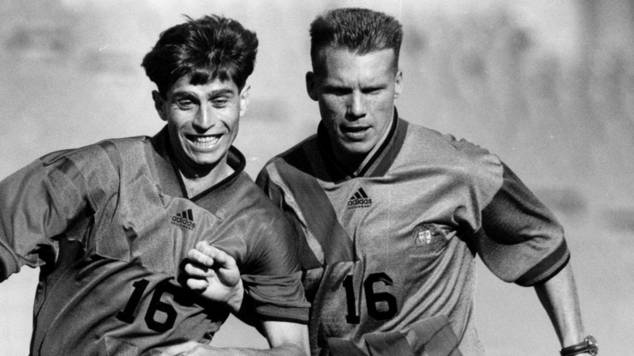 Socceroos Frank Farina (L) and Robbie Slater came to blows in training in 1993 – just two days after this picture was taken.
