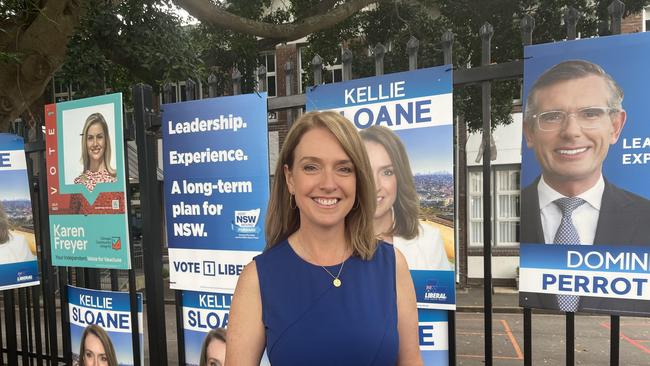 Liberal Kellie Sloane is fighting to retain the seat of Vaucluse, which the party has held for the past 96 years. Ms Sloane was pictured outside Bellevue Hill Public School. Picture: Bianca Healey.