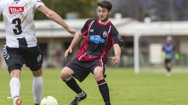 Stanthorpe United player Jordan Lanza looks to make a tackle against Willowburn in Toowoomba Football League Premier Men round 17 at Commonwealth Oval, Sunday, October 25, 2020. Picture: Kevin Farmer