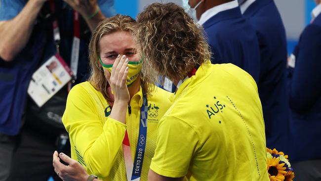 Boxall congratulates teary Ariarne Titmus after her second gold medal.