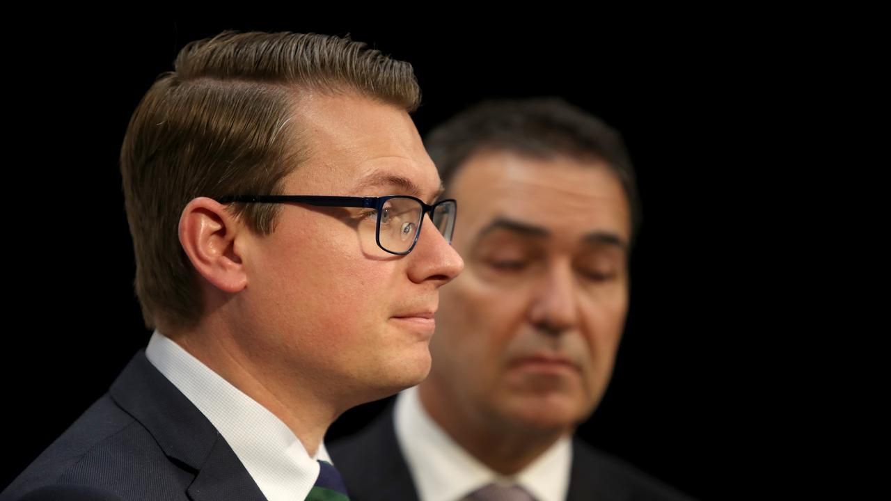 Transport Minister Stephan Knoll speaks to the media alongside South Australian Premier Steven Marshall. Picture: Kelly Barnes/AAP