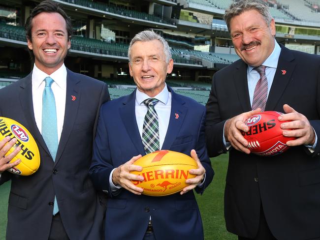 The Channel 7 commentary team: Hamish McLachlan, Bruce McAvaney and Brian Taylor. Picture: Wayne Ludbey