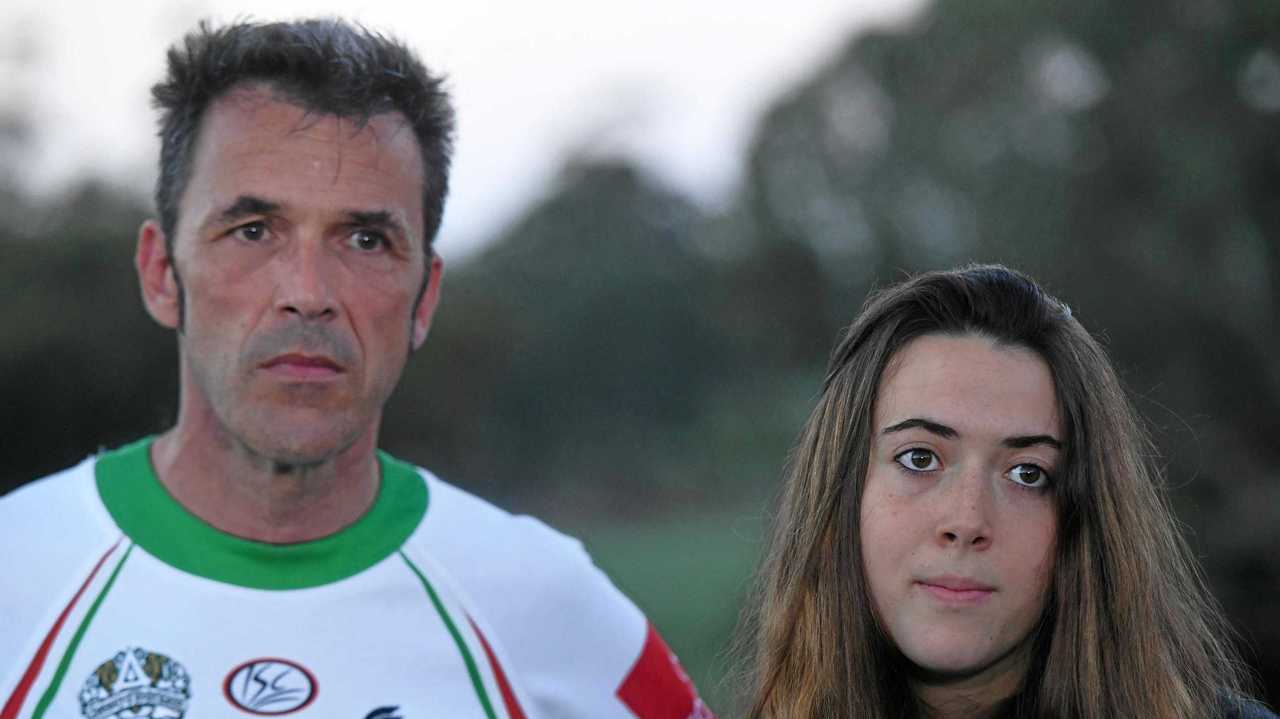 Theo Hayez's father Laurent Hayez with Theo's cousin Lisa Hayez address media at the Byron Bay Golf Course. Picture: Marc Stapelberg