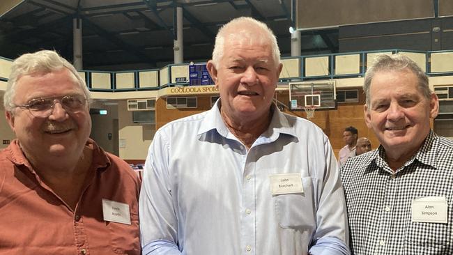 Kevin Martin, John Borcher and Allan Simpson celebrate the 50th anniversary of the Rainbows Rugby League Football Club at its golden jubilee at the Gympie Showgrounds Pavilion on the night of June 3, 2023.