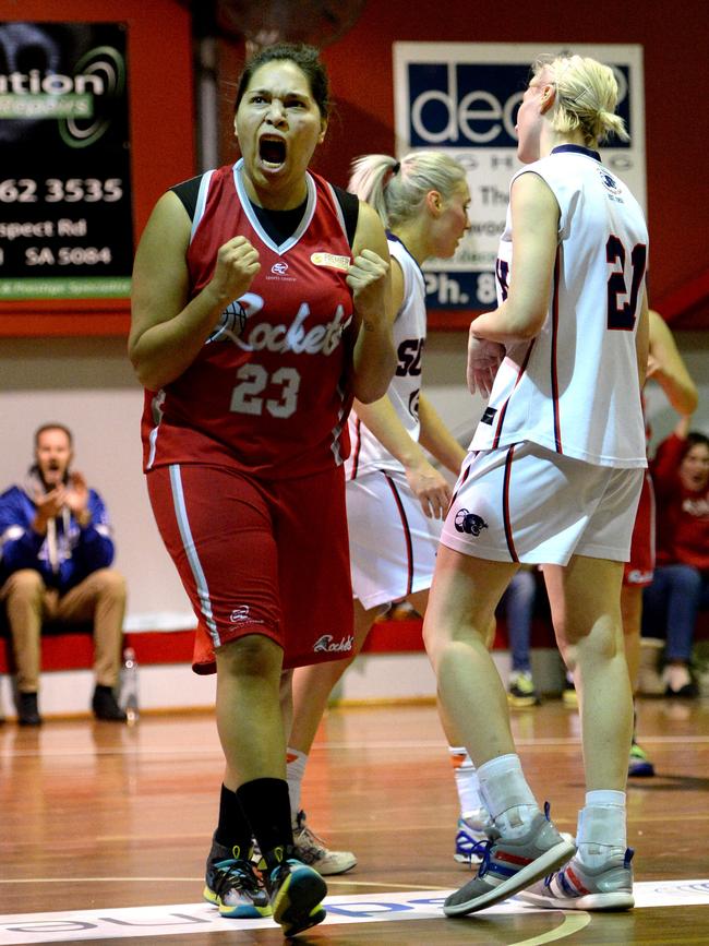 Jamie-Lee Peris celebrates a basket for North Adelaide Rockets against South Adelaide in 2015. Picture: Dave Cronin