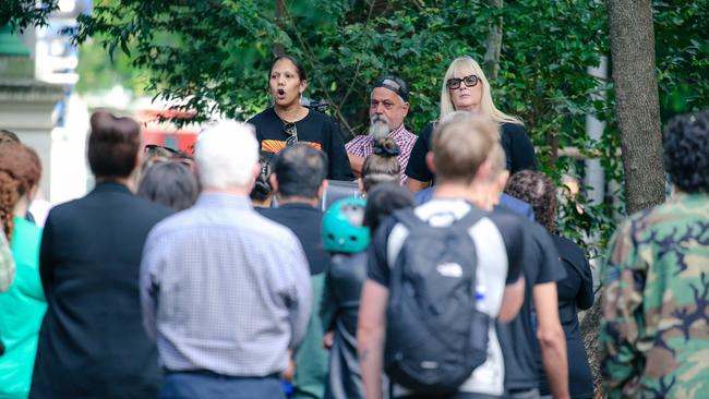 Ruby Wharton from Sisters Inside speaks at a rally at Speakers Corner, outside Queensland Parliament House. Picture: NcaNewsWire/Glenn Campbell