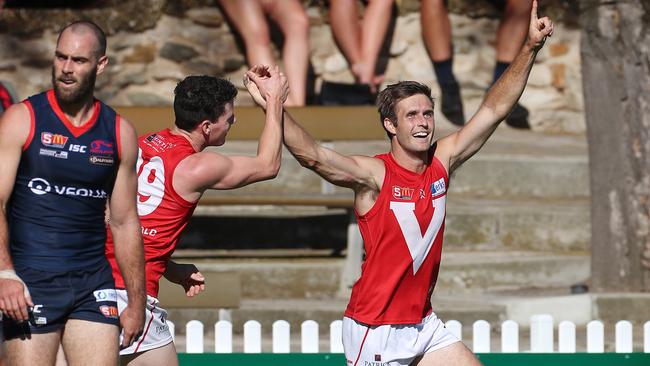 Roosters recruit Jarred Allmond celebrates a goal against Norwood. Picture: Dylan Coker