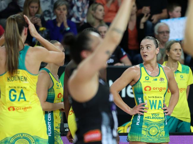 AUCKLAND, NEW ZEALAND - OCTOBER 23:  Liz Watson of Australia  looks on as the Silver Ferns thanks the crowd during game four of the 2023 Constellation Cup series between New Zealand Silver Ferns and Australia Diamonds at Spark Arena on October 23, 2023 in Auckland, New Zealand. (Photo by Fiona Goodall/Getty Images)