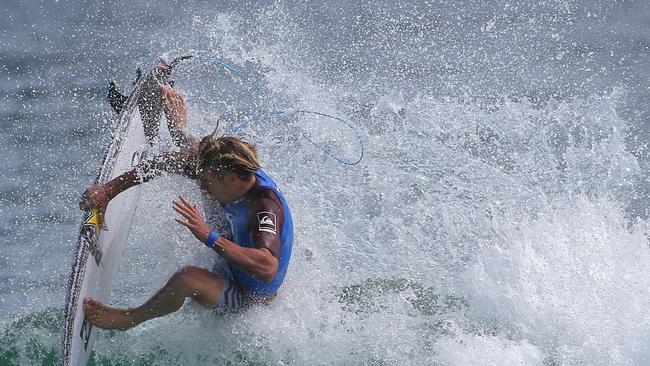 Jack Freestone with some aerial antics during the Quiksilver Pro Trials at Snapper Rocks on the Gold Coast. Picture Glenn Hampson