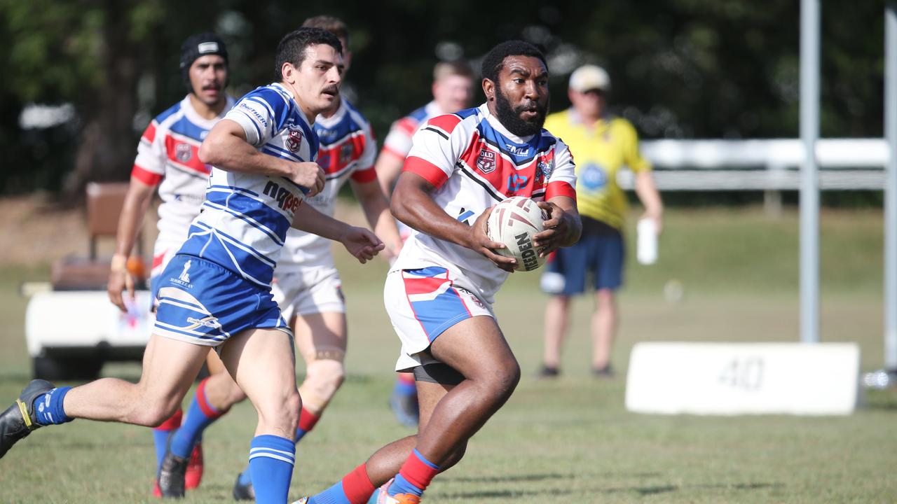 Ivanhoes' Alphonse Bulkua makes a line break in the Cairns District Rugby League (CDRL) Round 16 match between the Ivanhoe Knights and Cairns Brothers, held at the Smithfield Sporting Complex. Picture: Brendan Radke