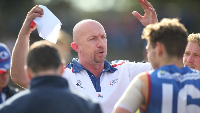 Centrals coach Roy Laird addressing his players at Elizabeth Oval. Picture: Dean Martin/AAP