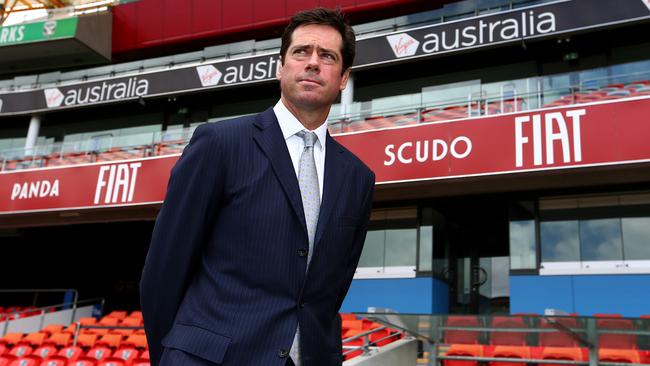 AFL CEO Gillon McLachlan pictured speaking to the media on a visit to Metricon Stadium and meeting with the Gold Coast Suns Pic by David Clark