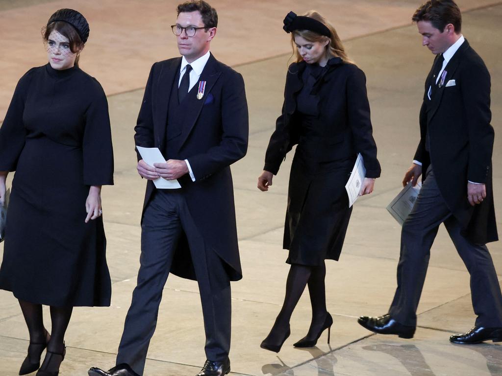 Princess Eugenie, her husband Jack Brooksbank, Princess Beatrice and husband Edoardo Mapelli Mozzi enter Westminster Hall. Picture: Getty Images.