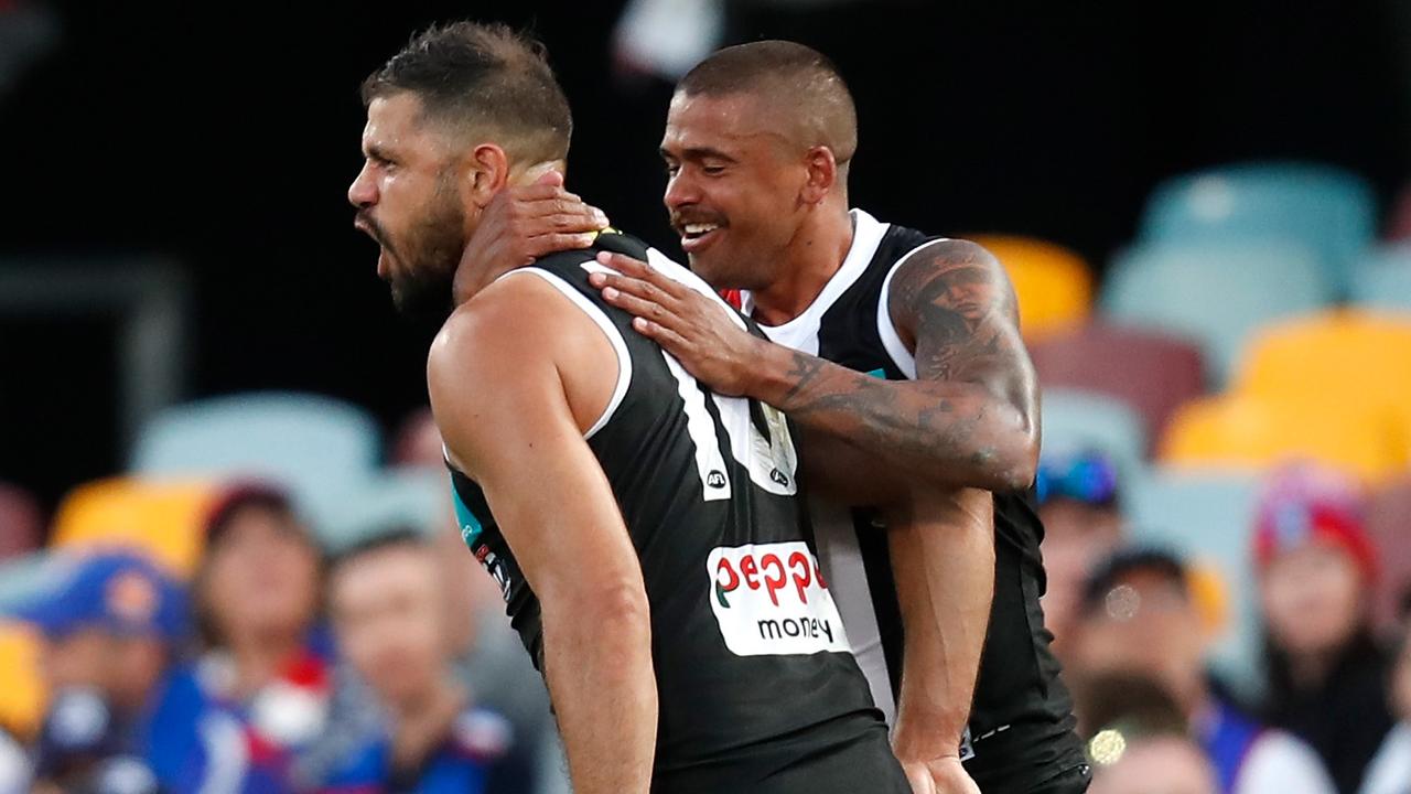 BRISBANE, AUSTRALIA - OCTOBER 03: Paddy Ryder of the Saints (left) and Bradley Hill of the Saints celebrate during the 2020 AFL Second Elimination Final match between the St Kilda Saints and the Western Bulldogs at The Gabba on October 03, 2020 in Brisbane, Australia. (Photo by Michael Willson/AFL Photos via Getty Images)