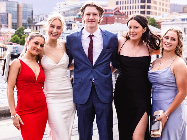 Hobart College leavers dinner 2022 Chloe Struwe, Birgitta Albans, Jesse Lawson, Ella Bradburn, and Brodie Nicolson. Picture: Linda Higginson