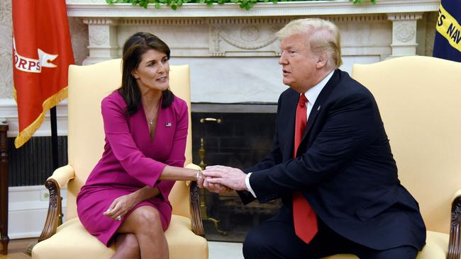 Nikki Haley with then US President Donald Trump in the Oval office in 2018. Picture: AFP.