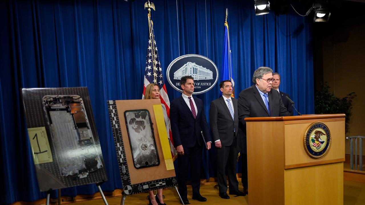 US Attorney-General William Barr at a press conference where he called on Apple to help the FBI break into two iPhone used in the terrorist attack. Picture: Andrew Caballero-Reynolds/AFP