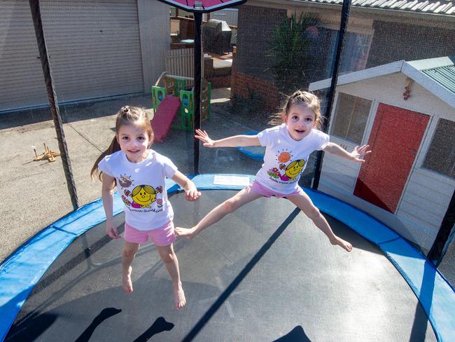 Five-year-old twins Aria and Isabelle’s mum says she has taken a number of precautions to ensure they remain safe on the trampoline. Picture: Jay Town