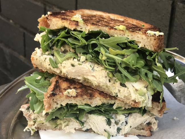 Room Ten’s classic chicken sandwich with egg mayo, walnuts, celery, herbs, avocado and rocket. Picture: Jenifer Jagielski