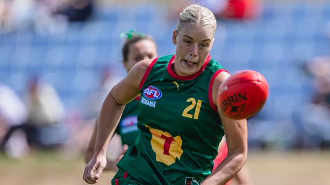 Tasmania Devil Liana Freestone first to the ball in the win over Norwood. Picture Solstice Digital