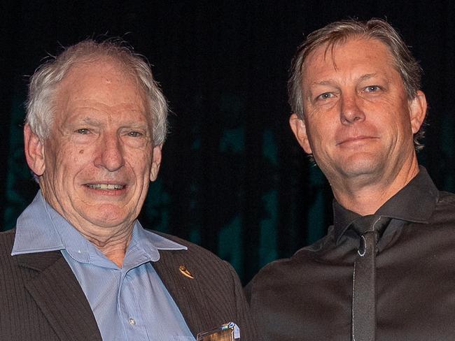 Australia Bay Lobster Producers John Bryant (left) with Lenny McLennan from RBR Property Consultants presenting the trophy for Excellence in Innovation at the Tweed Business Awards at Seagulls Club on September 1. Australia Bay Lobster Producers also took home Business of the Year.