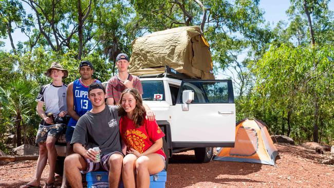 Josh Barnard, Jaffa Ranjjithkumar, Louis Rouer and (front) Lachy Boyle and Jenti White spent the long weekend camping at Florence Falls. Picture: Che Chorley