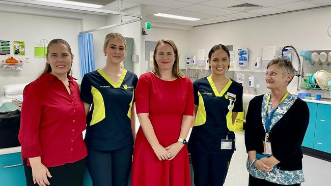 CQUniversity Cairns region associate vice chancellor Jodie Duignan-George, nursing student Amelia Pezzini, Queensland Senator Nita Green, student Hannah Silulu and diploma head of nursing Suzana Borlovan. Picture: Peter Carruthers