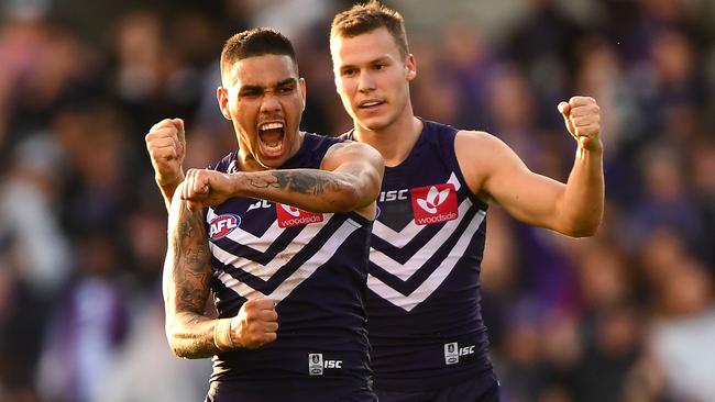 Michael Walters celebrates a goal in the win over Carlton.