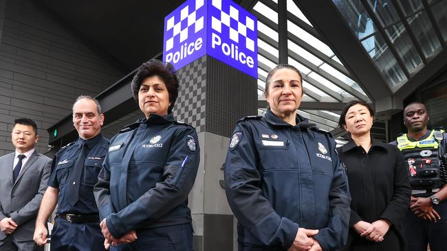 Six Victoria Police officers of diverse ethnicity at Spencer Street HQ: Sen Con. Kenny Lin, LSC Nick Parissis, DSS Sonali Deshpande, LSC Melissa Peters, DSC Yuki Onuma and Con. Daniel Braide. Picture: David Caird