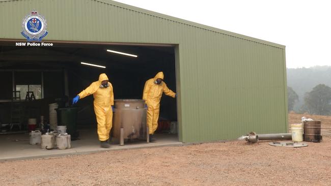 Police footage of a 2019 raid at a meth lab in Harold’s Cross near Braidwood NSW. Kevin Reilly and Luke Drever pleaded guilty to manufacturing methamphetamine at the lab. Picture: NSW Police