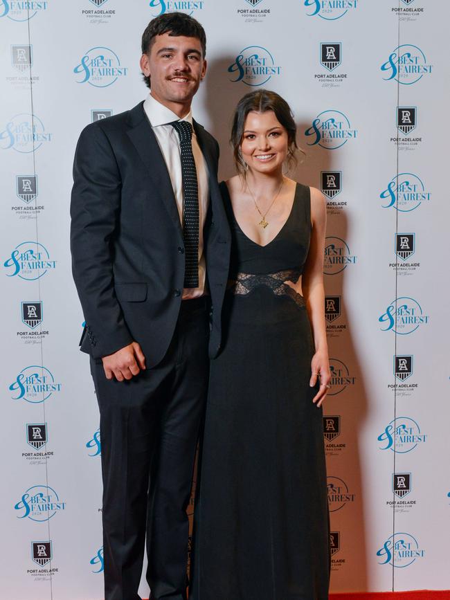 Riley Bonner and Georgia Wright at the Port Adelaide Best and Fairest red carpet in 2020. Picture: Brenton Edwards