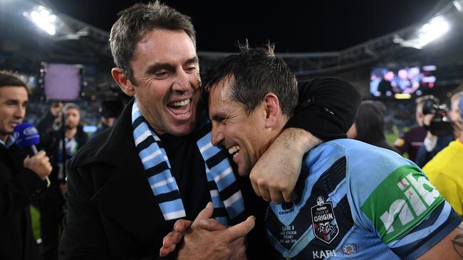 Blues coach Brad Fittler with halfback Mitchell Pearce. Picture: AAP