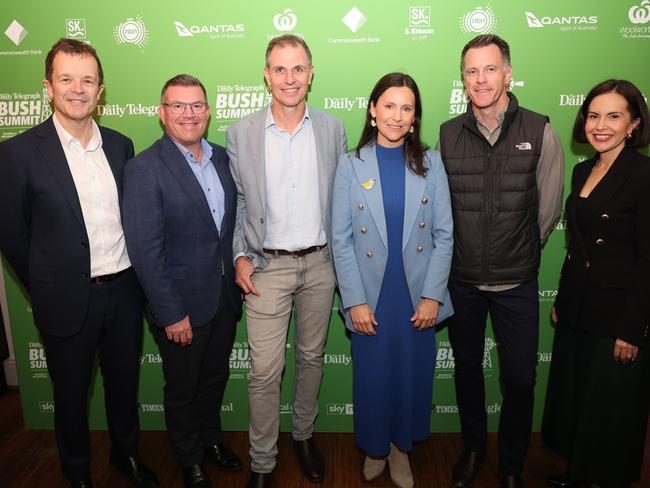 Mark Speakman, Dugald Saunders, Daily Telegraph editor Ben English, Vanessa Vazquez, Chris Minns and Prue Car in Orange for the 2024 Bush Summit. Picture: Rohan Kelly