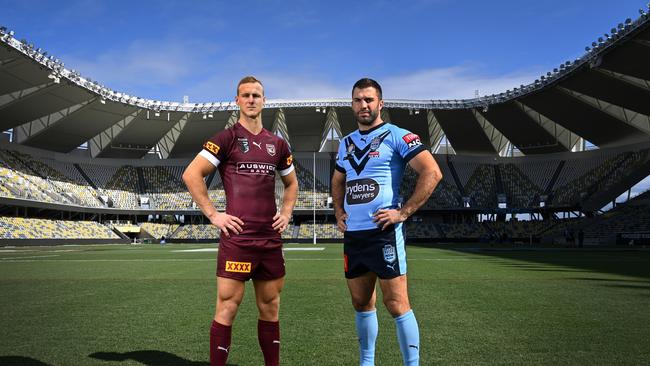 Maroons skipper Daly Cherry-Evans and Blues captain James Tedesco at Queensland Country Bank Stadium. Picture: Grant Trouville