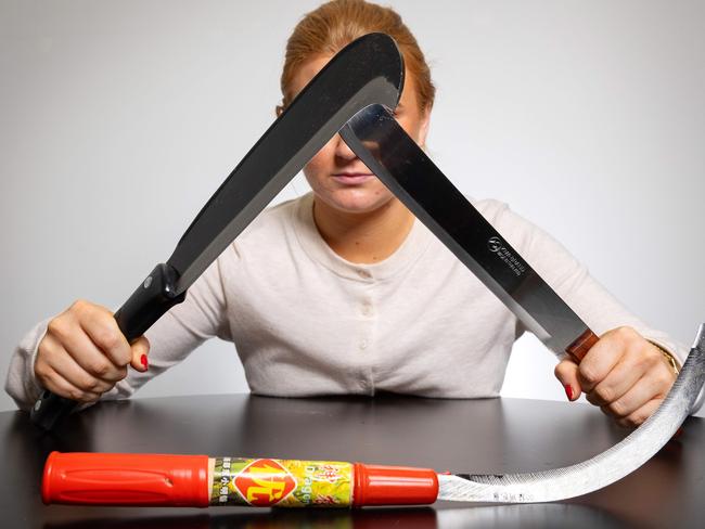 Machetes purchased by journalist Emma after Australia’s first-ever ban on machetes came into effect in Victoria. Picture: Mark Stewart Machete