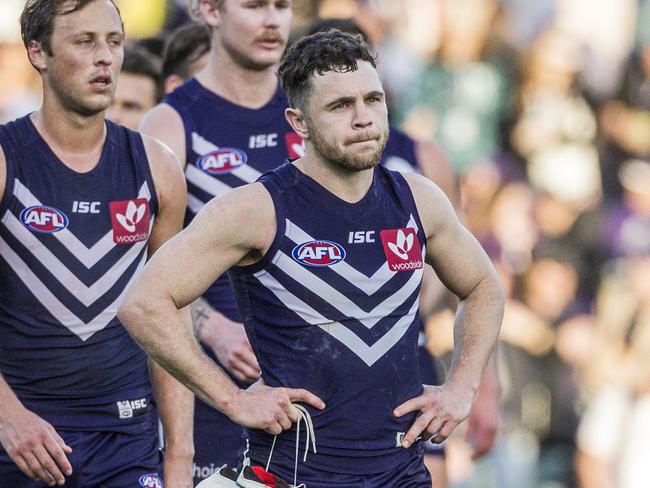 Hayden Ballantyne of the Fremantle Dockers after the Dockers lost  the round 22 AFL match between the Fremantle Dockers and the Richmond Tigers at Domain Stadium in Perth, Sunday, August 20, 2017. Richmond won the match 155-51. (AAP Image/Tony McDonough) NO ARCHIVING, EDITORIAL USE ONLY