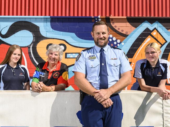 Toyah Fenton, 14, elder Elaine Gordon, Superintendent Mark Wall and Shania Flint, 15, at the launch of a Fit Together program at PCYC Mount Druitt. Picture: Darren Leigh Roberts