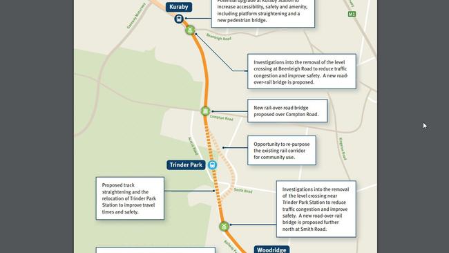 A map showing the section of the line which will be upgraded between Kuraby and Beenleigh.