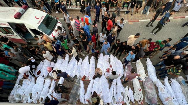 Bodies of Palestinians killed in Israeli strikes on houses in Jabalia refugee camp, lie at a hospital in the northern Gaza Strip, October 31, 2023. Picture: Fadi Whadi