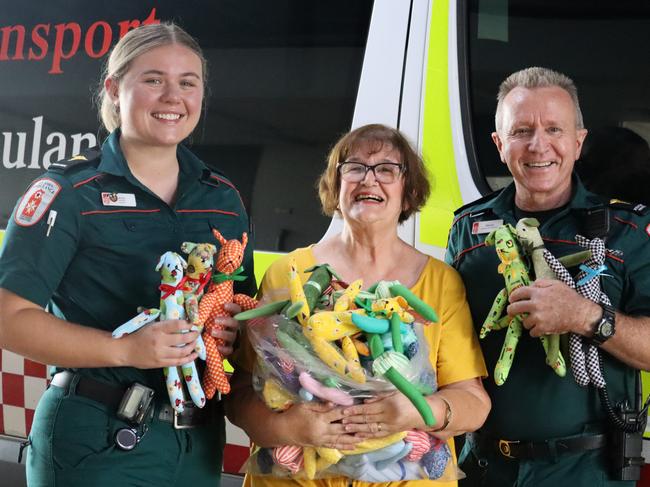 Paramedic Jacquie Duncan, Yvonne Marshall and Intensive Care Paramedic Warren Purse with Yvonne's latest creations. Picture: Supplied