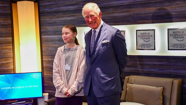 King Charles and Swedish climate activist Greta Thunberg at Davos in 2020. Picture: AFP