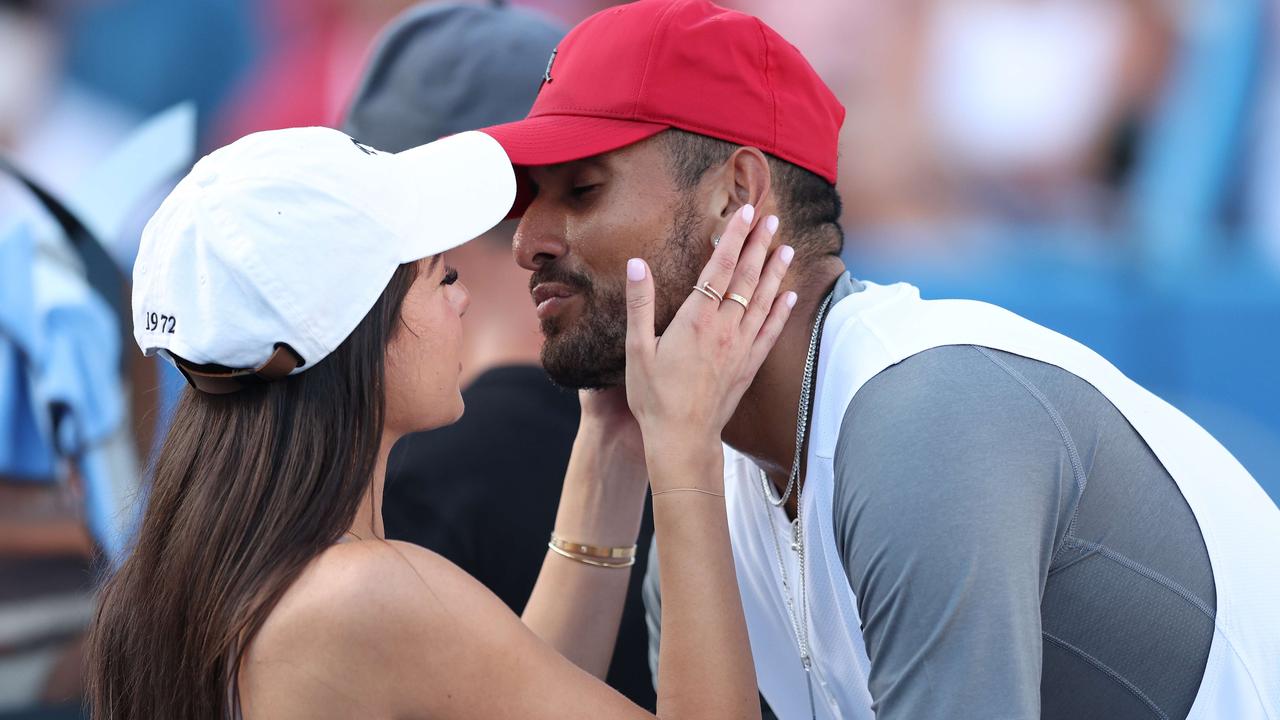 Nick Kyrgios of Australia celebrates with his girlfriend Costeen Hatzi. Photo: Patrick Smith/Getty Images/AFP