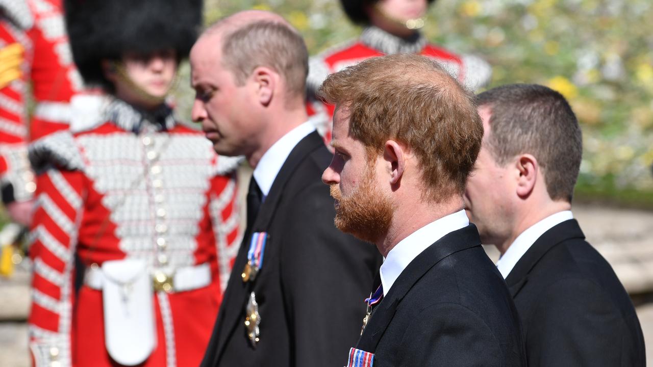 Princes William and Harry at Philip’s funeral. Picture: Mark Large-WPA Pool/Getty Images