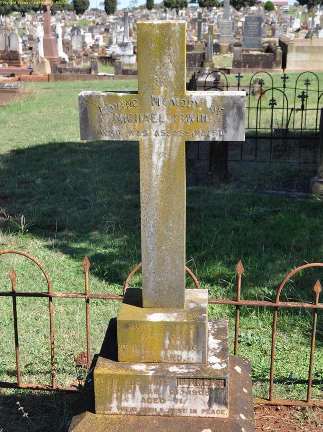 'WHO WAS ASSASSINATED': The gravestone of Michael Irwin which claims he was assassinated.