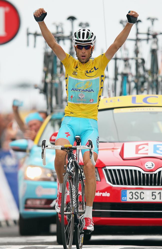 Vincenzo Nibali of Italy and Astana Pro Cycling celebrates winning the eighteenth stage of the Tour.