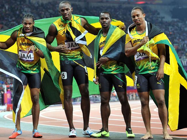 Jamaican sprinters Usain Bolt, Yohan Blake, Nesta Carter and Michael Frater.